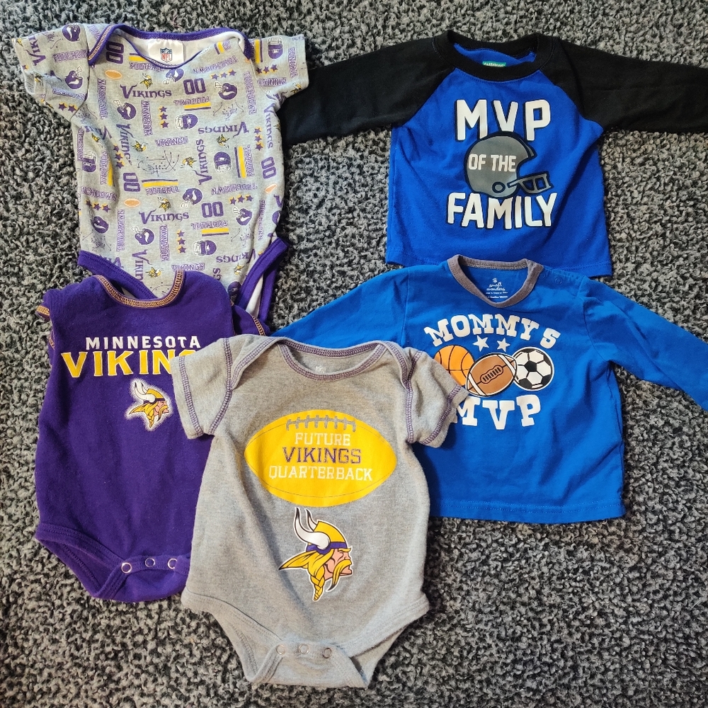 3-6 Months Boys Vikings Bodysuits Football Long Sleeve Shirts Set Of 5 Baby NFL
